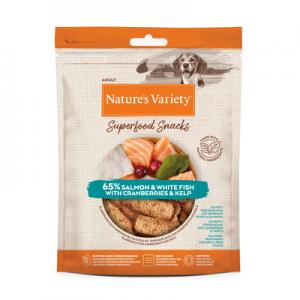 Nature's Variety Cane Adulto Snack Superfoods Salmone, Pesce Bianco, Mirtilli Rossi & Alghe 85g