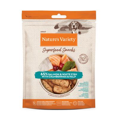 Nature's Variety Cane Adulto Snack Superfoods Salmone, Pesce Bianco, Mirtilli Rossi & Alghe 85g
