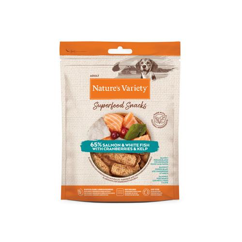 Nature's Variety Cane Adulto Snack Superfoods Salmone, Pesce Bianco, Mirtilli Rossi & Alghe 85g