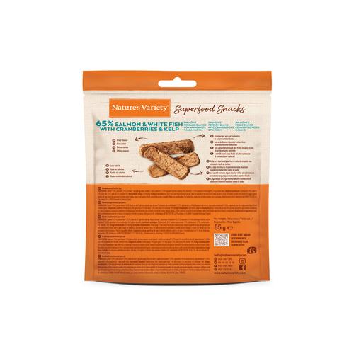 Nature's Variety Cane Adulto Snack Superfoods Salmone, Pesce Bianco, Mirtilli Rossi & Alghe 85g