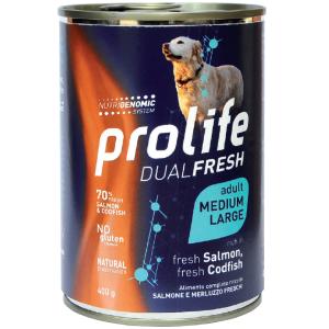 Prolife Cane Dual Fresh Adulto Medium & Large Salmone, Merluzzo & Riso Lattina 400 Gr