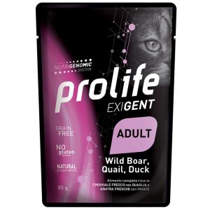 Prolife Gatto Exigent Cinghiale, Quaglia, Anatra e Patate Busta 85 Gr alimento