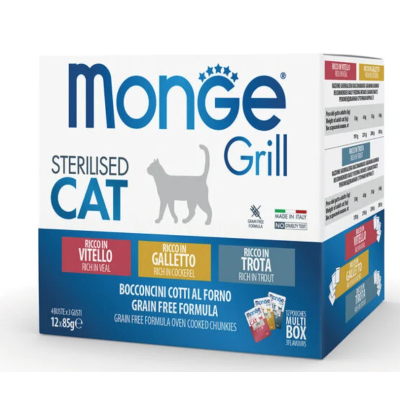 Monge Grill per gatti sterilizzati Multipack Galletto-Vitello-Trota 12x85 gr