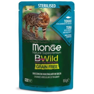 Monge BWild Grain Free Gatto Sterilizzato Tonno, Gamberetti e Ortaggi Busta 85gr