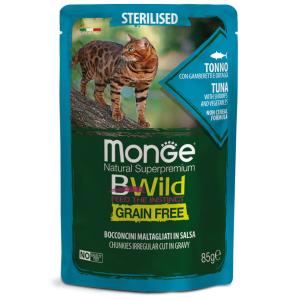 Monge BWild Grain Free Gatto Sterilizzato Tonno, Gamberetti e Ortaggi Busta 85gr