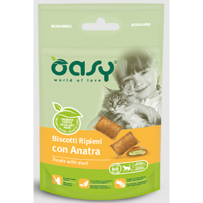 Oasy Gatto SNACK Biscotti Ripieni Adulto Anatra 60 Gr