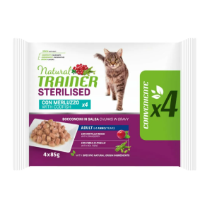 Trainer Gatto Natural Adulto Sterilizzato Merluzzo Flowpack 4x85gr